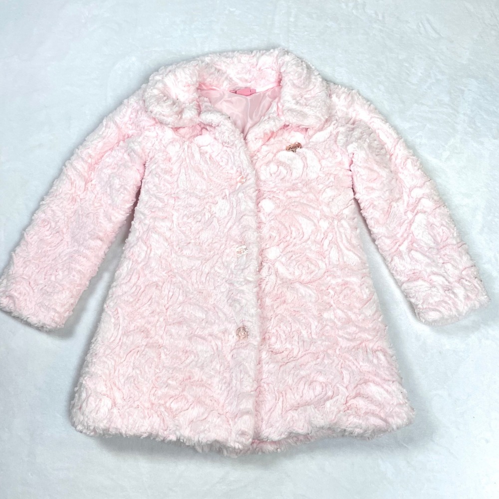 Juicy Couture Faux Fur Coat Girls 7 Pink Excellent Rosebud Texture Swirl